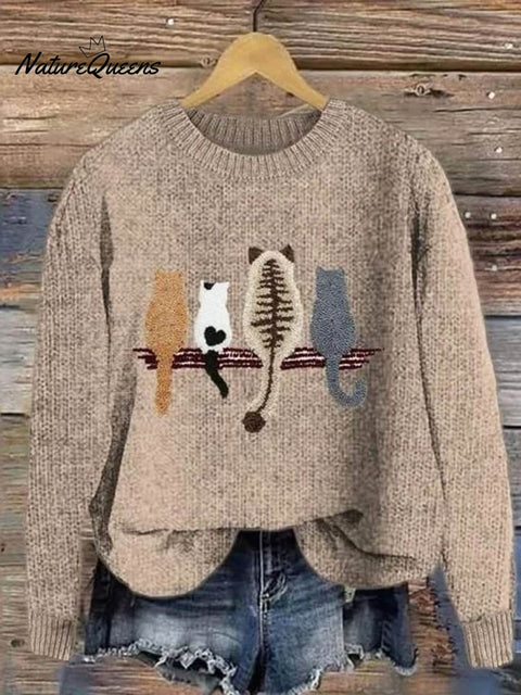 Lovely Cats Art Print Knit Pullover Sweater