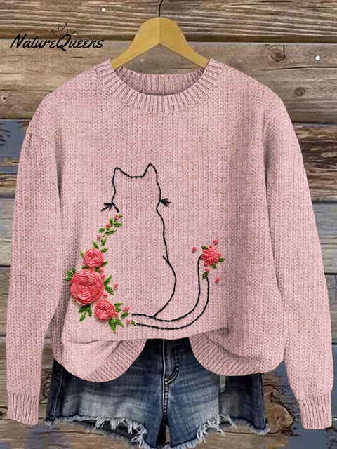 Lovely Cat Art Print Knit Pullover Sweater