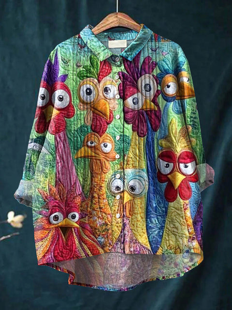 Women's Funny Chicken Art Print Casual Cotton And Linen Ruffle Shirt