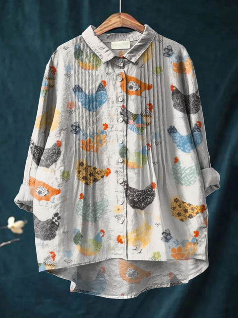 Women's Funny Chicken Art Print Casual Cotton And Linen Ruffle Shirt