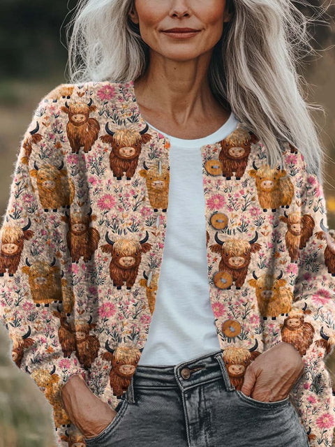 Women's Lovely Cow Pattern Art Print Buttoned Cardigan Sweater