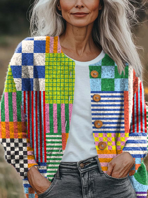 Women's Abstract Geometric Pattern Art Print Buttoned Cardigan Sweater