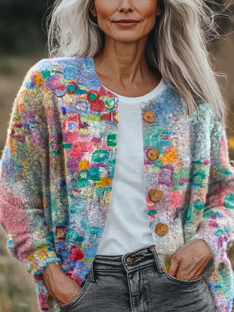 Women's Abstract Pattern Art Print Buttoned Cardigan Sweater