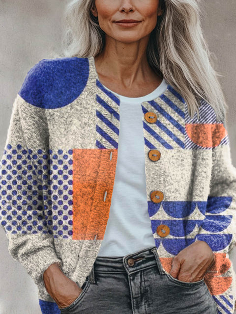 Women's Abstract Geometric Pattern Art Print Buttoned Cardigan Sweater