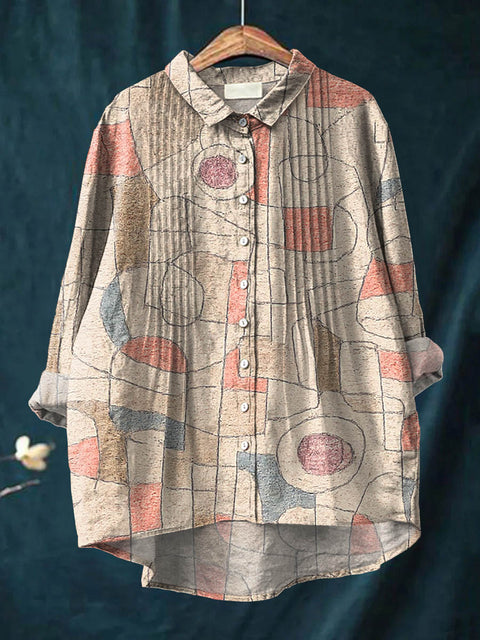 Women's Abstract Geometric Pattern Art Print Casual Cotton And Linen Ruffle Shirt