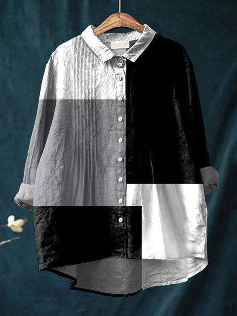 Women's Abstract Geometric Pattern Art Print Casual Cotton And Linen Ruffle Shirt