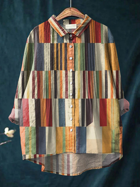Women's Abstract Geometric Pattern Art Print Casual Cotton And Linen Ruffle Shirt