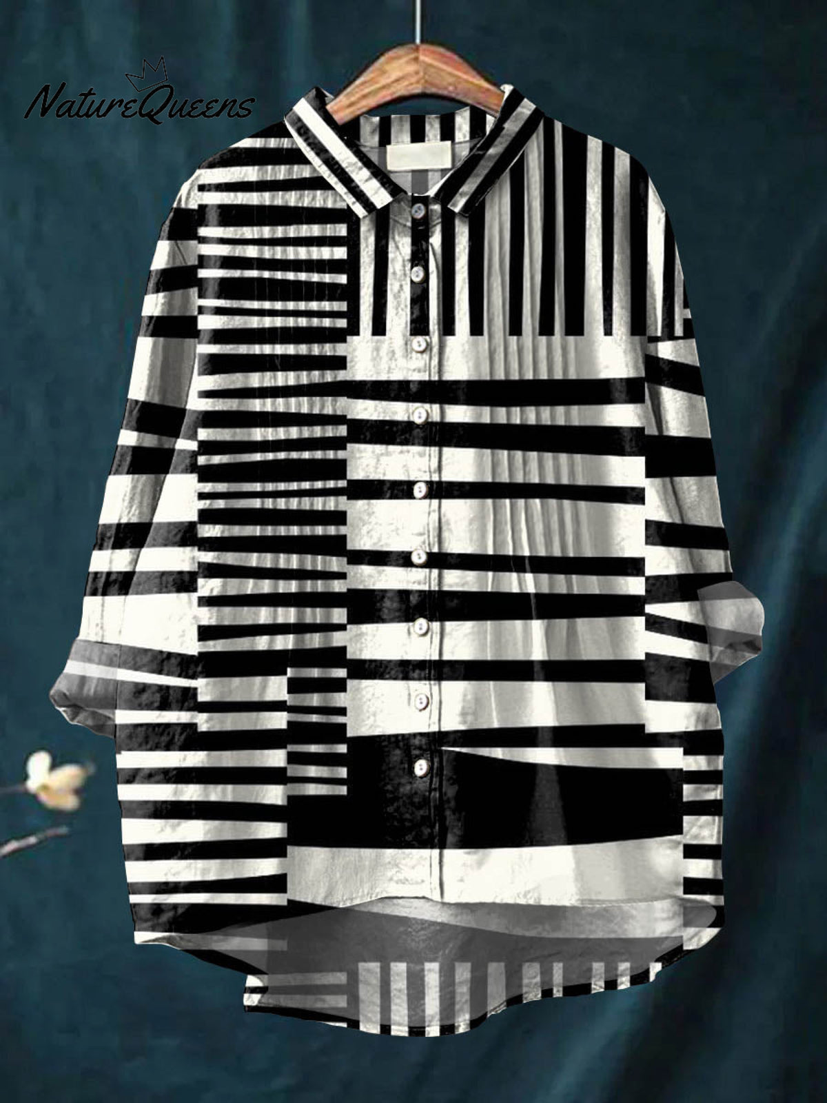 Women's Abstract Geometric Pattern Art Print Casual Cotton And Linen Ruffle Shirt