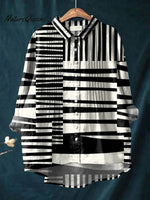 Women's Abstract Geometric Pattern Art Print Casual Cotton And Linen Ruffle Shirt