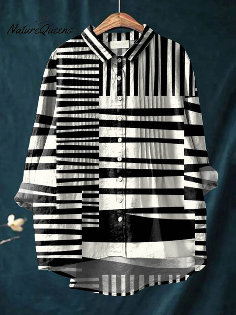 Women's Abstract Geometric Pattern Art Print Casual Cotton And Linen Ruffle Shirt