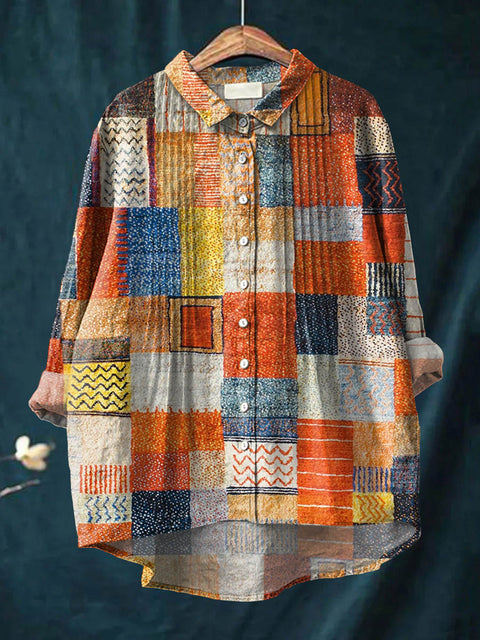 Women's Geometric Pattern Art Print Casual Cotton And Linen Ruffle Shirt