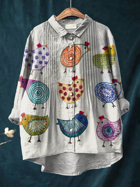 Women's Funny Chicken Art Print Casual Cotton And Linen Ruffle Shirt