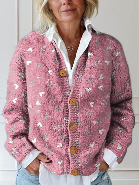 Women's Love Pattern Art Print Buttoned Cardigan Sweater