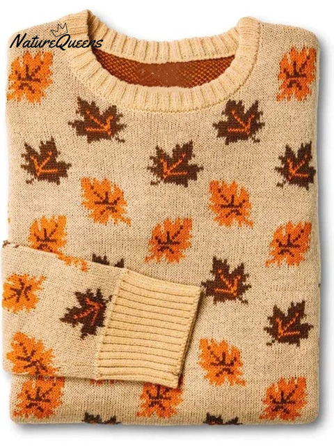 Maple Pattern Art Print Knit Pullover Sweater