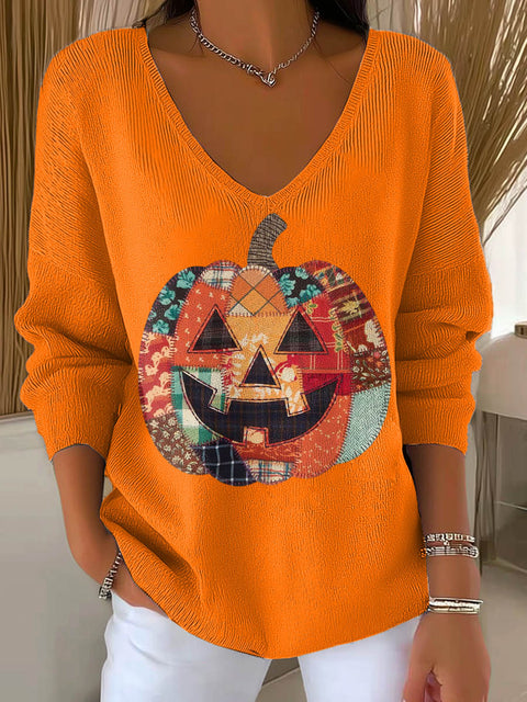 Women's Funny Pumpkin Halloween Pattern Art Print Casual Pullover Sweater