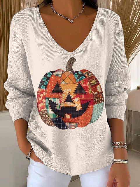 Women's Funny Pumpkin Halloween Pattern Art Print Casual Pullover Sweater