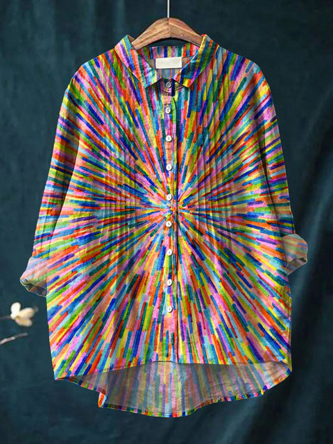 Women's Abstract Pattern Art Print Casual Cotton And Linen Ruffle Shirt