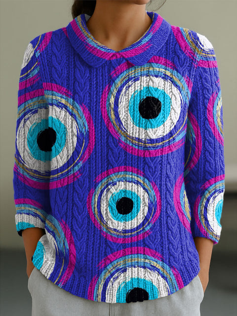 Women's Abstract Pattern Art Print Casual Peter Pan Collar 3/4 Sleeve Sweater