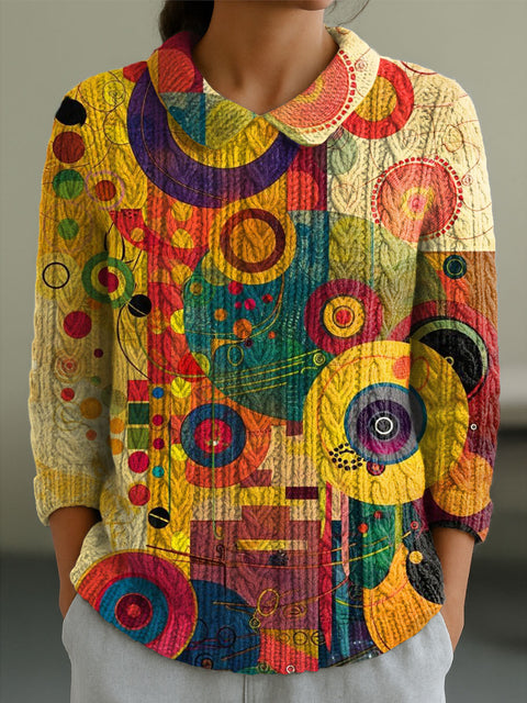 Women's Geometric Pattern Art Print Casual Peter Pan Collar 3/4 Sleeve Sweater