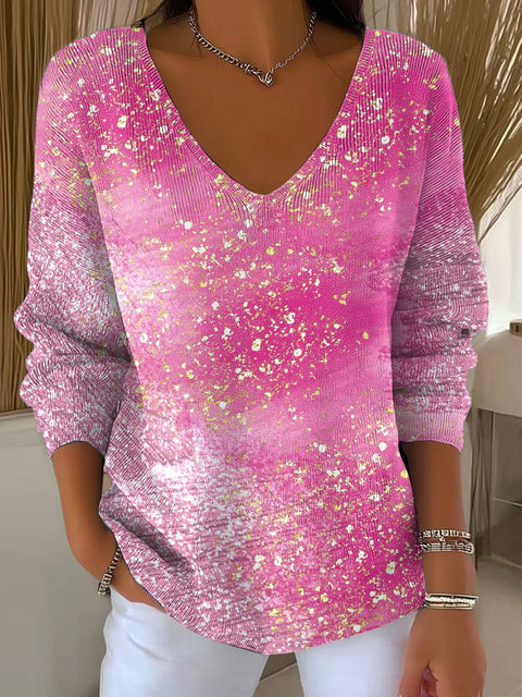 Women's Pink Gradient Pattern Art Print Casual Pullover Sweater