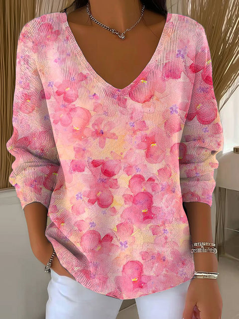 Women's Pink Floral Pattern Art Print Casual Pullover Sweater