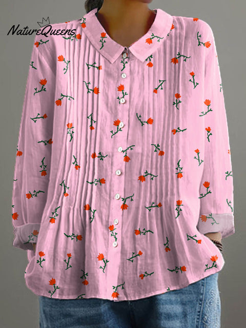 Women's Lovely Floral Art Casual Cotton And Linen Ruffle Shirt
