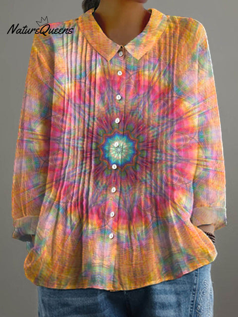 Women's Gradient Pattern Art Print Casual Cotton And Linen Ruffle Shirt