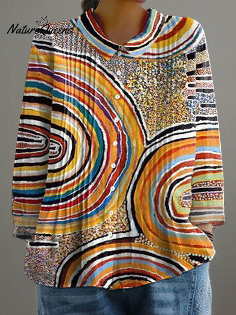 Women's Abstract Geometric Pattern Art Print Casual Cotton And Linen Ruffle Shirt