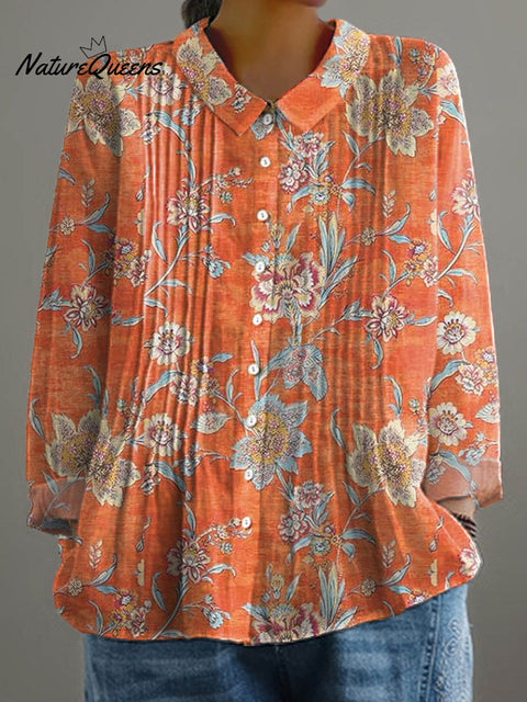Women's Floral Art Print Casual Cotton And Linen Ruffle Shirt