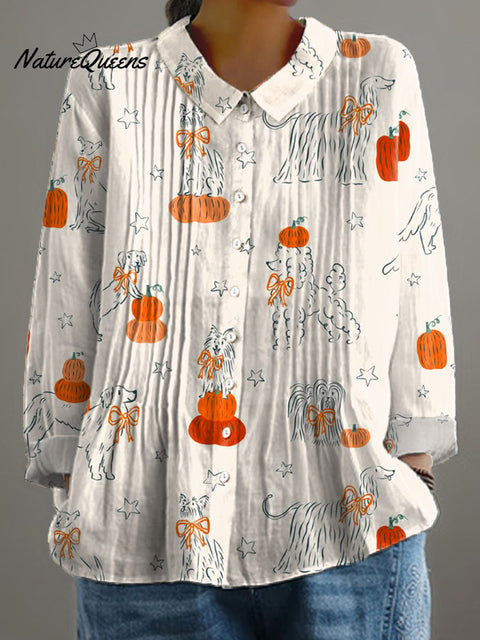 Women's Lovely Dogs Art Print Casual Cotton And Linen Ruffle Shirt