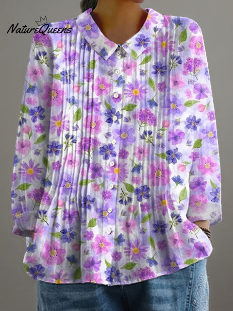 Women's Floral Art Print Casual Cotton And Linen Ruffle Shirt