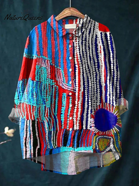 Women's Abstract Pattern Art Print Casual Cotton And Linen Ruffle Shirt