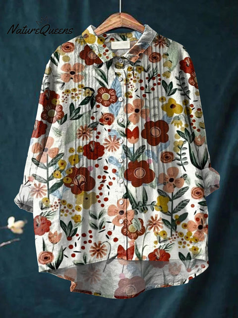 Women's Floral Art Print Casual Cotton And Linen Ruffle Shirt