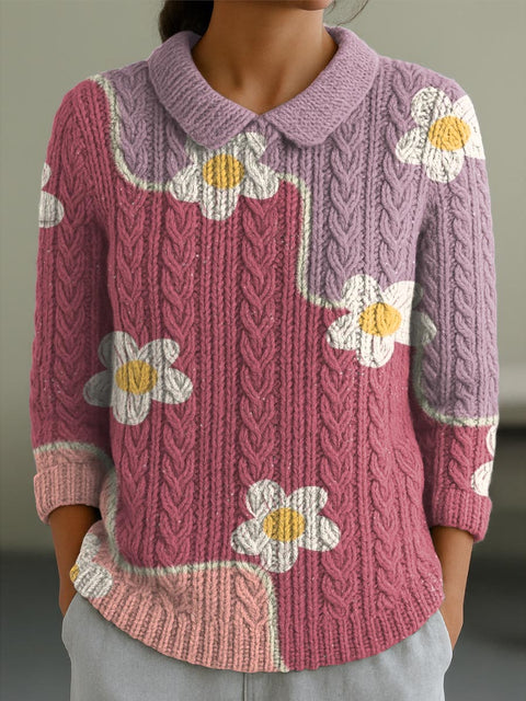 Women's Lovely Floral Art Print Casual Peter Pan Collar 3/4 Sleeve Sweater