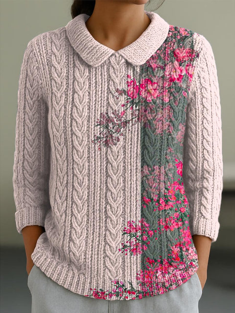 Women's Lovely Floral Art Print Casual Peter Pan Collar 3/4 Sleeve Sweater