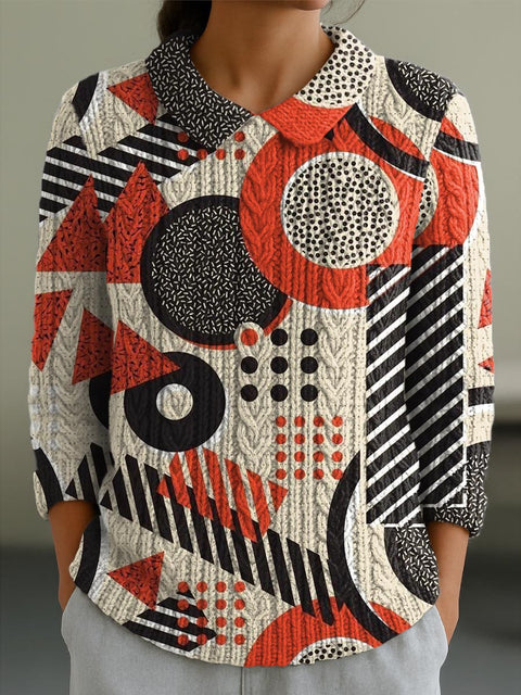 Women's Geometric Pattern Art Print Casual Peter Pan Collar 3/4 Sleeve Sweater