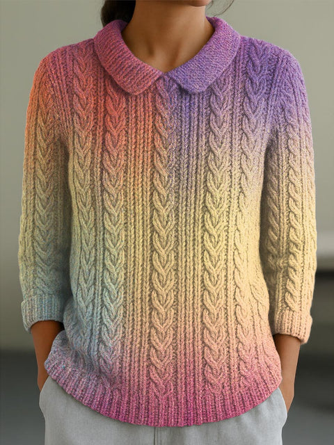 Women's Gradient Pattern Art Print Casual Peter Pan Collar 3/4 Sleeve Sweater