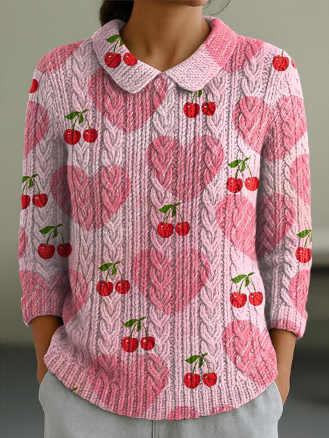 Women's Lovely Cherry Pattern Art Print Casual Peter Pan Collar 3/4 Sleeve Sweater