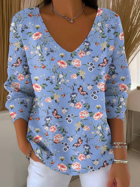 Women's Lovely Floral Butterfly Pattern Art Print Casual Pullover Sweater
