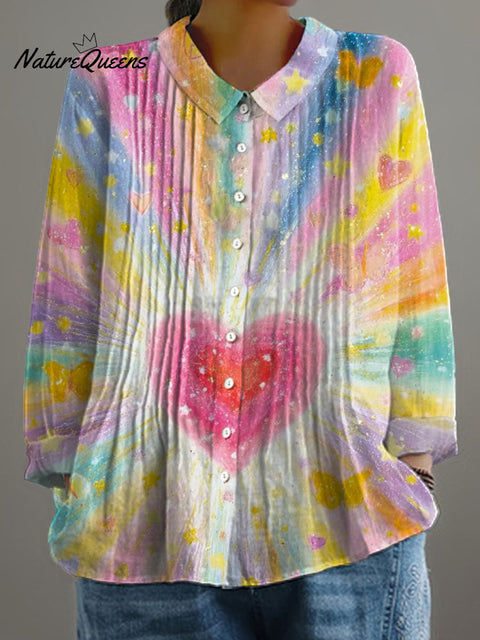 Women's Love Pattern Art Print Casual Cotton And Linen Ruffle Shirt