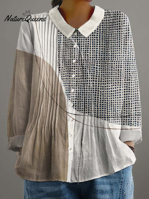 Women's Geometric Pattern Art Print Casual Cotton And Linen Ruffle Shirt