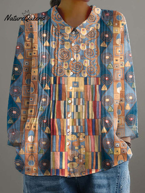 Women's Geometric Pattern Art Print Casual Cotton And Linen Ruffle Shirt