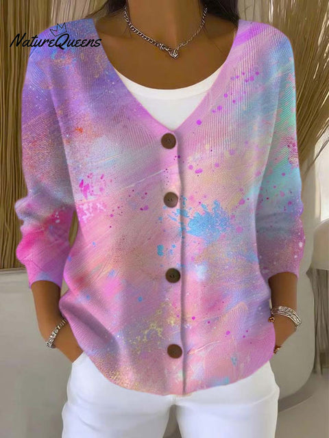 Women's Gradient Pattern Art Print Buttoned V-neck Cardigan Sweater