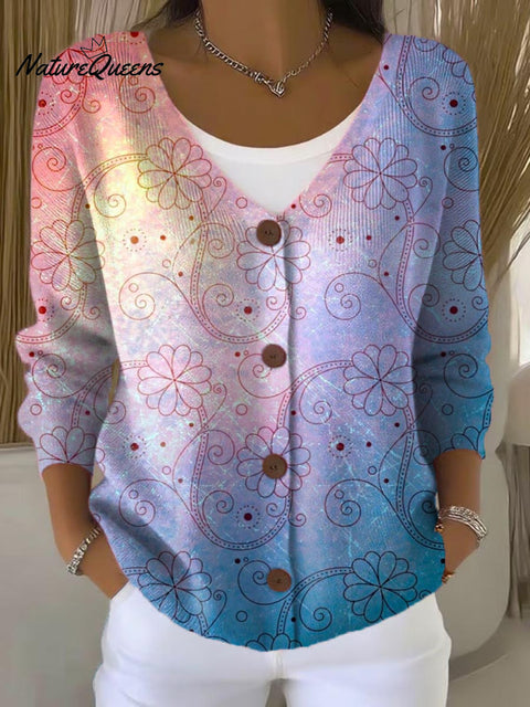 Women's Gradient Floral Pattern Art Print Buttoned V-neck Cardigan Sweater