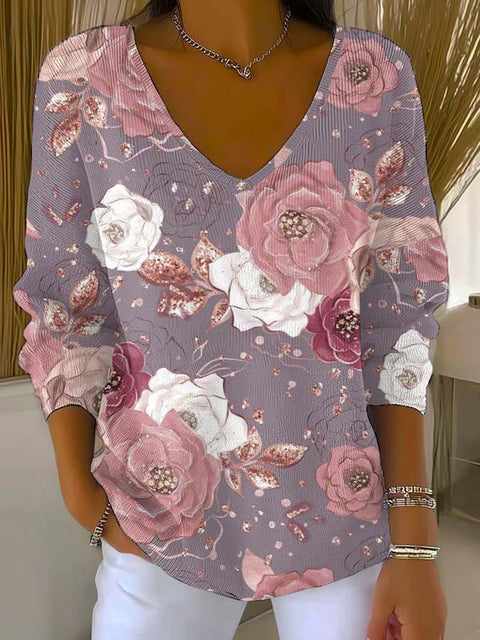 Women's Lovely Floral Art Print Casual Pullover Sweater