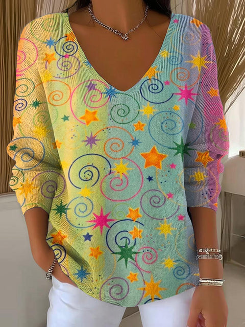 Women's Stars Gradient Pattern Art Print Casual Pullover Sweater