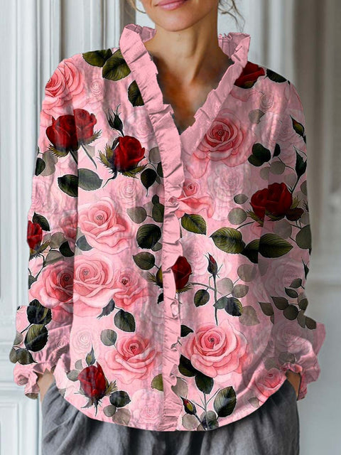 Women's Lovely Floral Pattern Art Print Casual Cotton And Linen Ruffle Shirt
