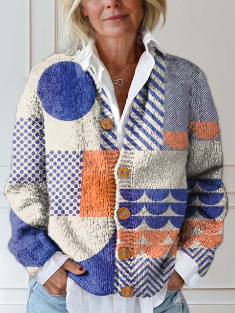 Women's Geometric Pattern Art Print Buttoned Cardigan Sweater