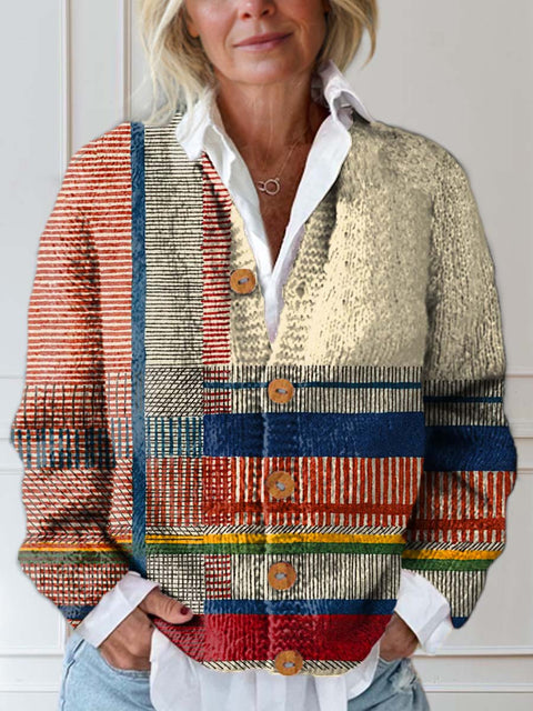 Women's Geometric Pattern Art Print Buttoned Cardigan Sweater
