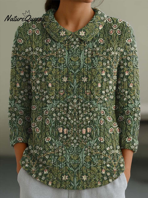 Women's Vintage Floral Art Print Casual Peter Pan Collar 3/4 Sleeve Sweater